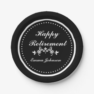 Black and white Happy Retirement Party Supplies Paper Plates