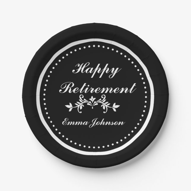 Black and white Happy Retirement Party Supplies Paper Plates (Front)