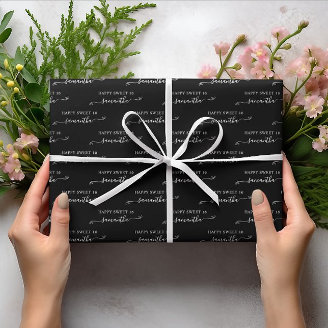 Black and White Happy Sweet 16 Cute Bow Name Wrapping Paper Sheets (Black and White Happy Sweet 16 Cute Bow Name Wrapping Paper Sheets)