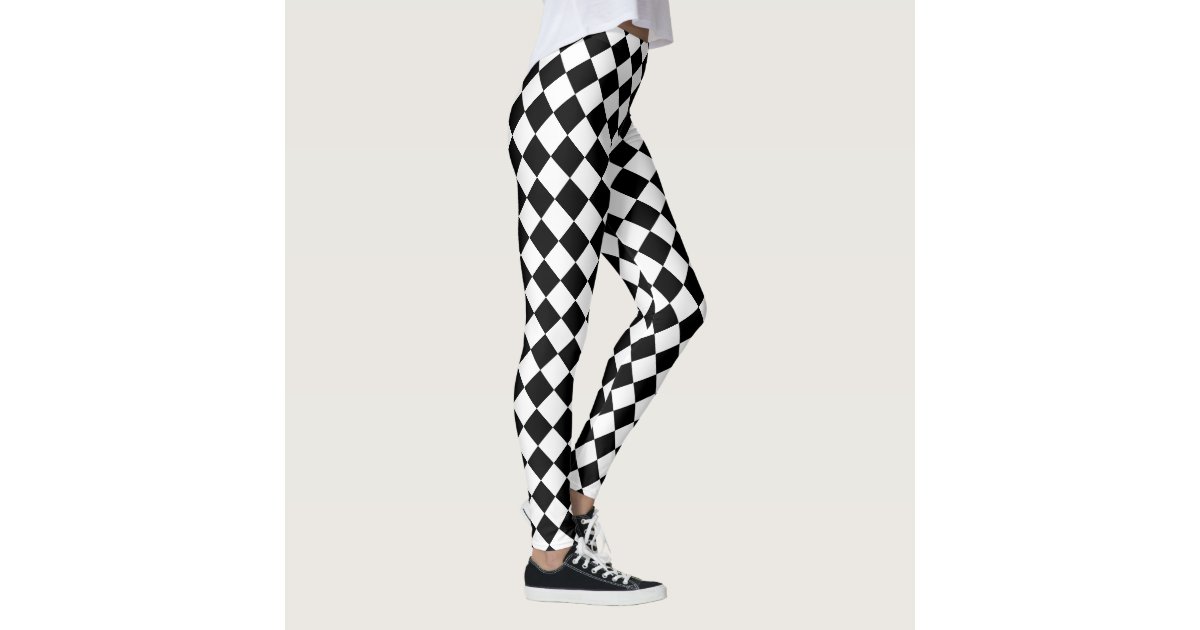 Black and White Harlequin Checks Pattern Leggings | Zazzle