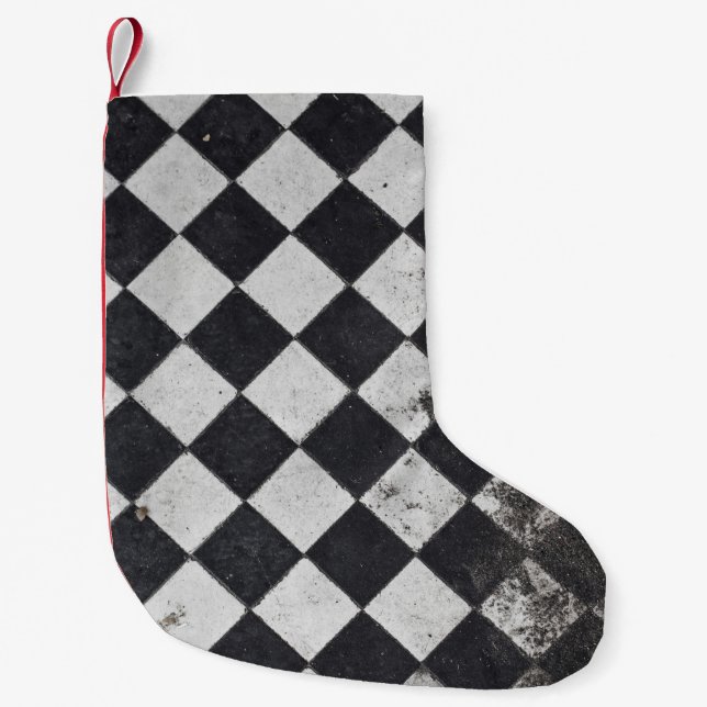 Black and white harlequin graphic small christmas stocking (Front)