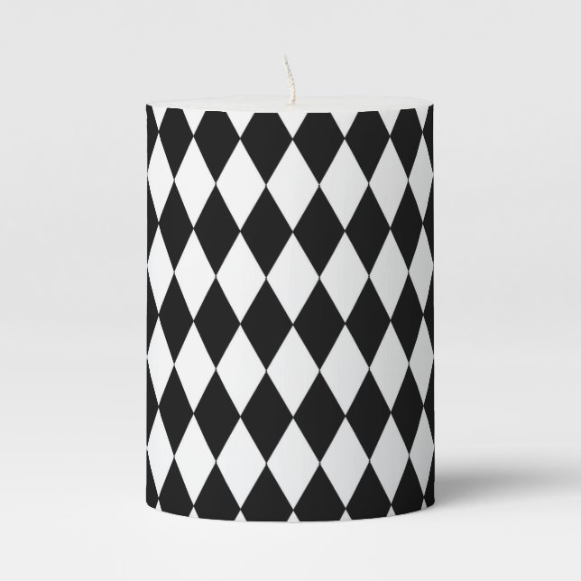Black and White Harlequin Pattern Pillar Candle (Front)