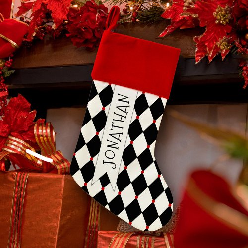Black and White Harlequin Pattern with Name Christmas Stocking