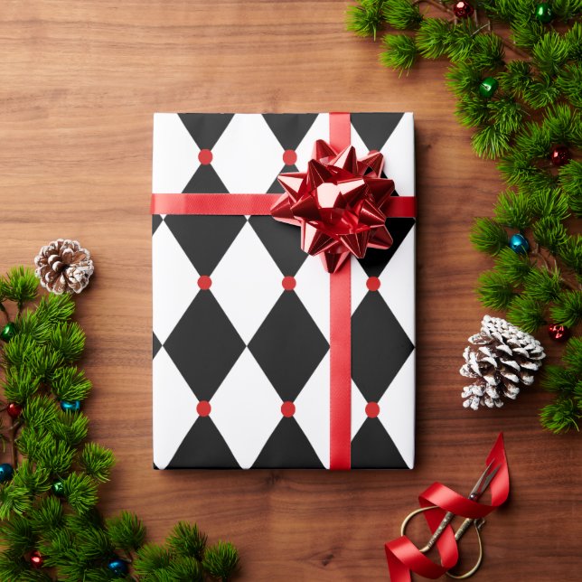 Black and White Harlequin with Red Accents Wrapping Paper (Holiday Gift)