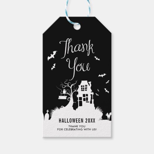 Black and White Haunted House Halloween Thank You Gift Tags
