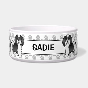 Black And White Havanese Cartoon Dog & Paws & Name Bowl