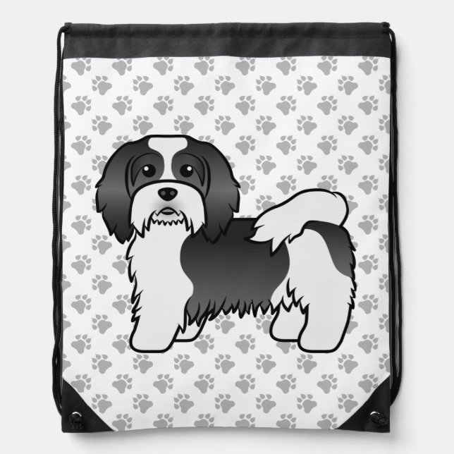 Black And White Havanese Cute Cartoon Dog Drawstring Bag (Front)