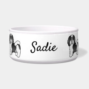 Black And White Havanese Cute Cartoon Dog & Name Bowl