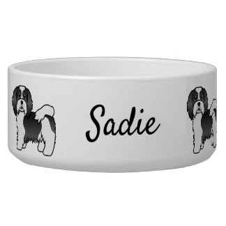 Black And White Havanese Cute Cartoon Dog &amp; Name Bowl