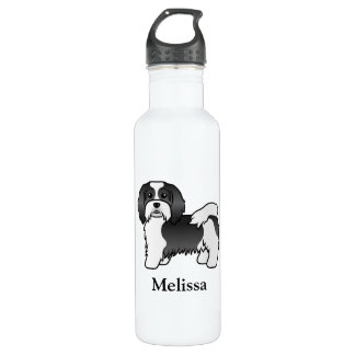 Black And White Havanese Cute Cartoon Dog &amp; Name Stainless Steel Water Bottle