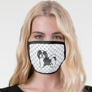 Black And White Havanese Cute Cartoon Dog &amp; Paws Face Mask