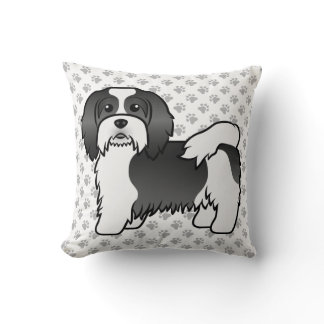 Black And White Havanese Cute Cartoon Dog &amp; Paws Throw Pillow