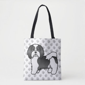 Black And White Havanese Cute Cartoon Dog &amp; Paws Tote Bag