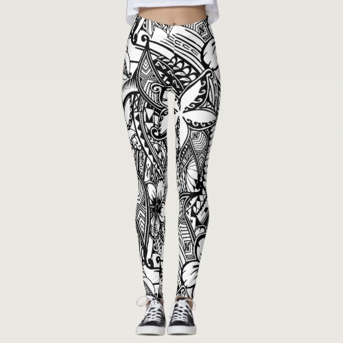 Black And White Hawaiian _ Polynesian Tribal Print Leggings