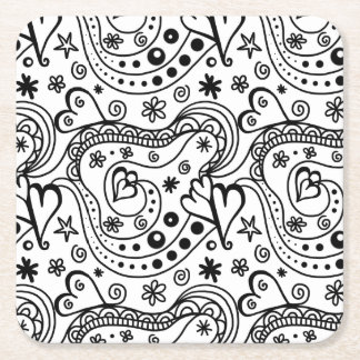 Black and White Heart Abstract Square Paper Coaster