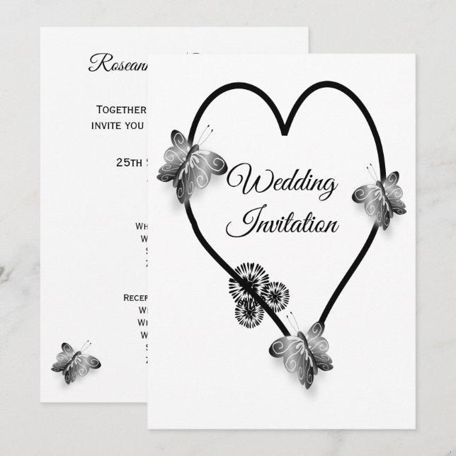 Black And White Heart And Butterflies Wedding Invitation (Front/Back)