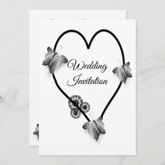 Black And White Heart And Butterflies Wedding Invitation