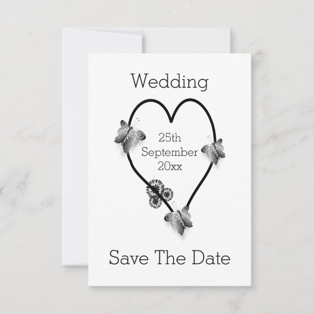 Black And White Heart Butterflies Save The Date (Front)