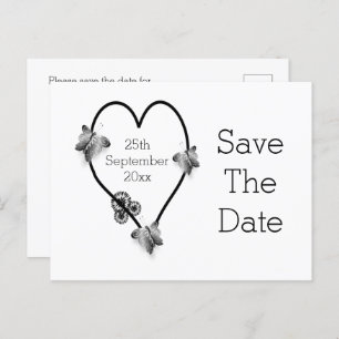 Black And White Heart Butterflies Save The Date Postcard