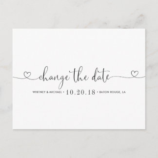 Black and White Heart Change the Date Announcement Postcard