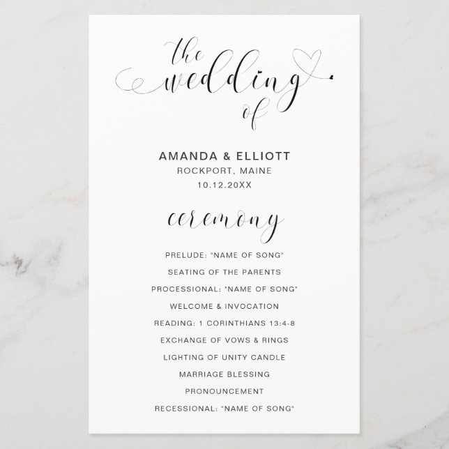 Black and White Heart Modern Wedding Program (Front)