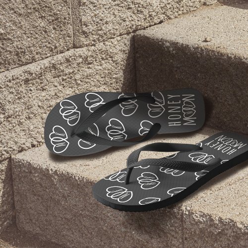 Black and White Heart Monogram Newlywed Honeymoon Flip Flops