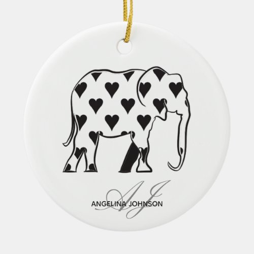 Black and White Heart Pattern Elephant Monogrammed Ceramic Ornament