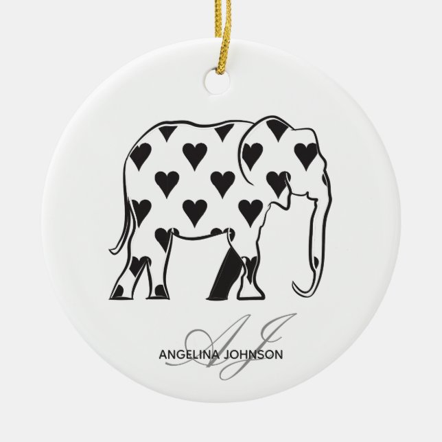 Black and White Heart Pattern Elephant Monogrammed Ceramic Ornament (Front)