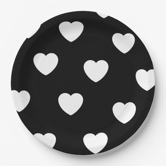 Black and White Heart Pattern  Paper Plates (Front)