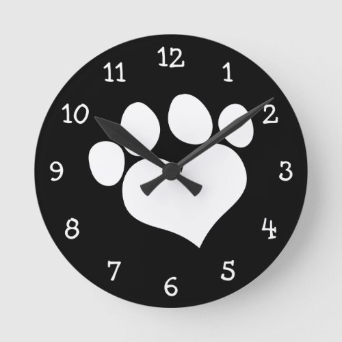 Black and White Heart Paw Print Round Clock