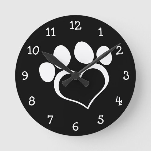 Black and White Heart Paw Round Clock