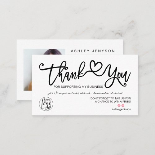 black and white heart photo logo order thank you business card