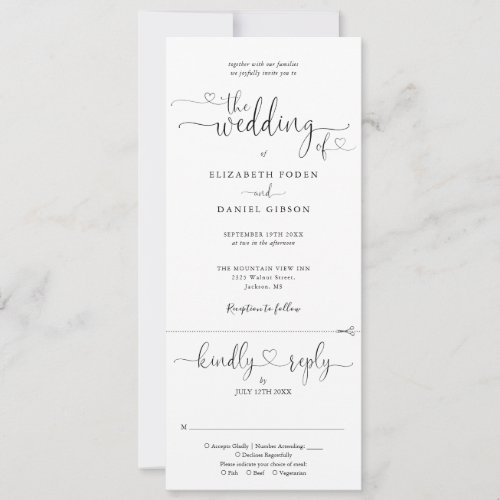 Black And White Heart Script All In One Wedding Invitation