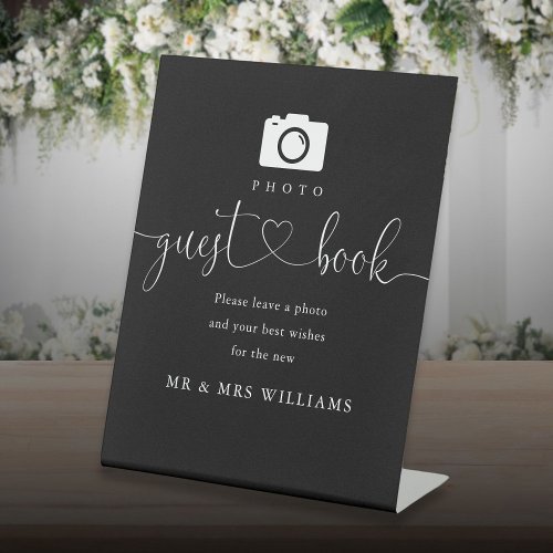 Black And White Heart Script Photo Guest Book Pedestal Sign