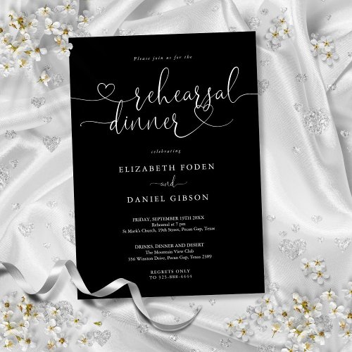 Black And White Heart Script Rehearsal Dinner Invitation