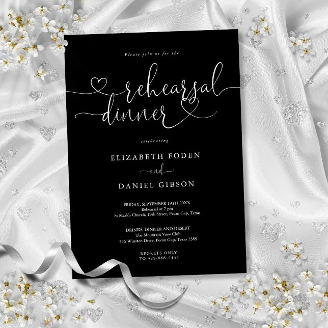 Black And White Heart Script Rehearsal Dinner Invitation (Black And White Heart Script Rehearsal Dinner Invitation)