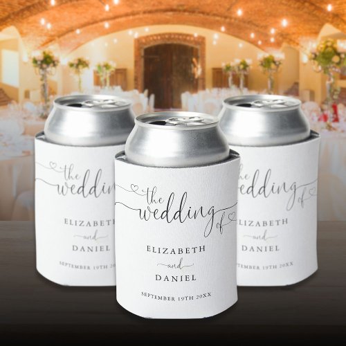 Black And White Heart Script Wedding Can Cooler