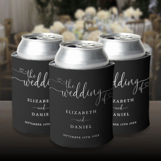 Black And White Heart Script Wedding Can Cooler (Black And White Heart Script Wedding Can Cooler)