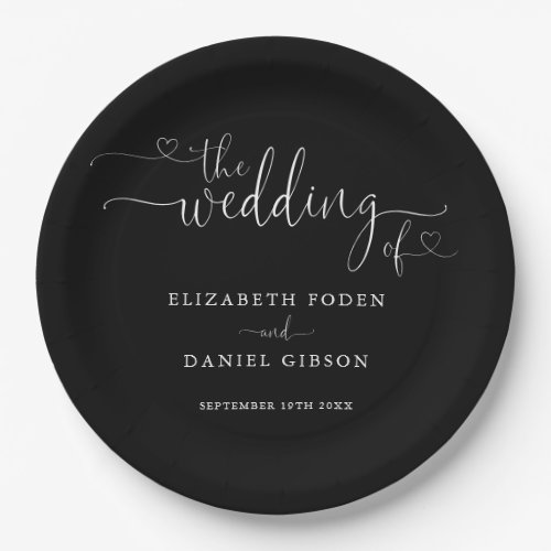 Black And White Heart Script Wedding Paper Plates