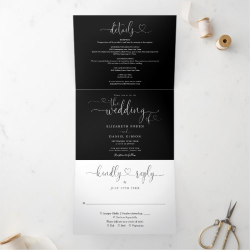 Black And White Heart Script Wedding Tri_Fold Invitation