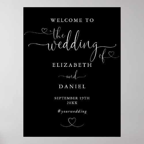 Black And White Heart Script Wedding Welcome Sign