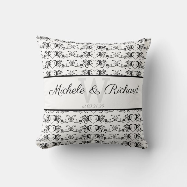 Black and White Heart Scroll Keepsake Throw Pillow (Front)