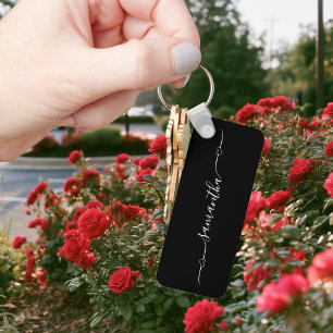 Black and White Heart Swash Signature Name Keychain