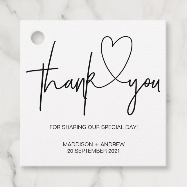 Black and White Heart Wedding Thank You Favor Tag (Front)