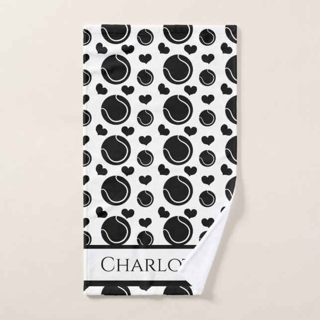 Black and White Hearts and Balls Sports Tennis Fun Hand Towel (Hand Towel)
