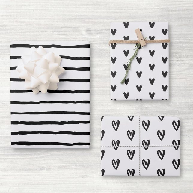 Black and White Hearts and Lines Wrapping Paper Sheets (Creator Uploaded)