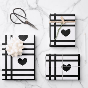 Black and White Hearts Cute Valentines Day Pattern Wrapping Paper Sheets