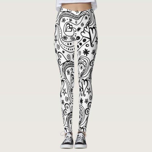 Black and White Hearts Love Artsy Doodle Pattern Leggings