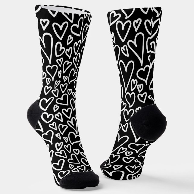 Black and White Hearts Love Pattern Socks (Angled)