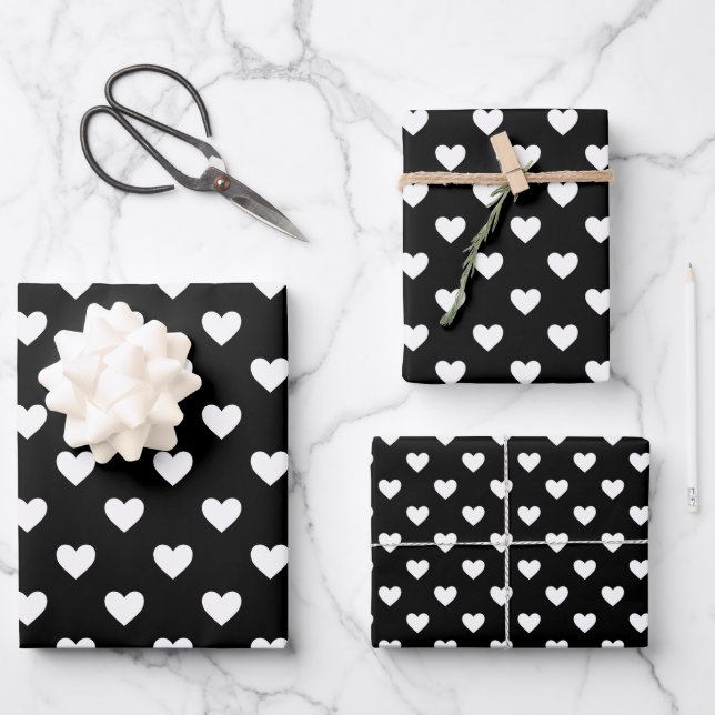 Black and White Hearts Pattern Wrapping Paper Sheets (Front)